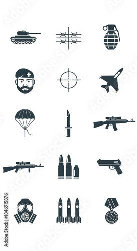 Set of military and army icons, war and combat symbols, weaponry and equipment vector icons