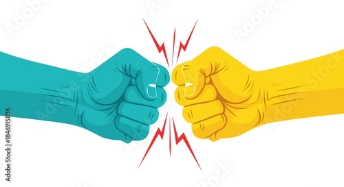 Two fists bumping against each other, one blue and one yellow, symbolizing conflict, confrontation, rivalry, or competition, with red lightning bolts indicating impact