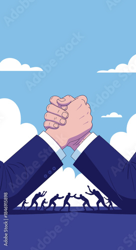 Arm wrestling business competition concept with silhouettes of people struggling below