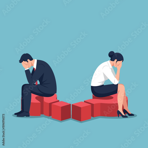 Business couple sitting apart looking sad and stressed, concept of divorce, separation, conflict, relationship problems, and disagreement in a flat design illustration