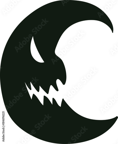Scary crescent Halloween moon showing monster face