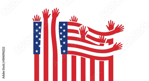 American flag waving with raised hands symbolizing unity, patriotism, and community support in the united states