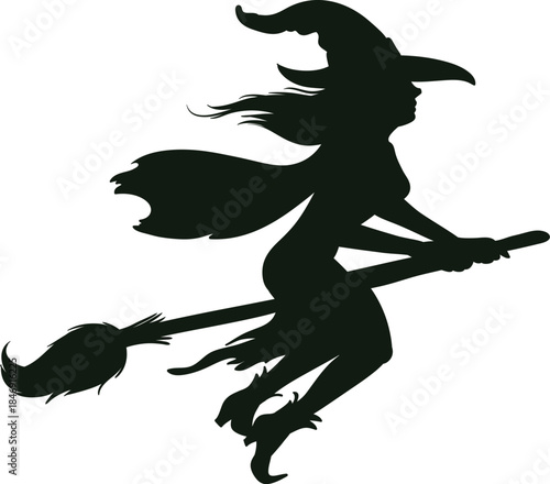 Halloween witch flying broomstick silhouette over white background