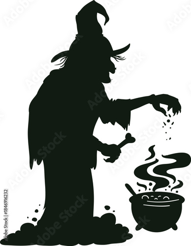 Witch silhouette preparing magic potion in cauldron