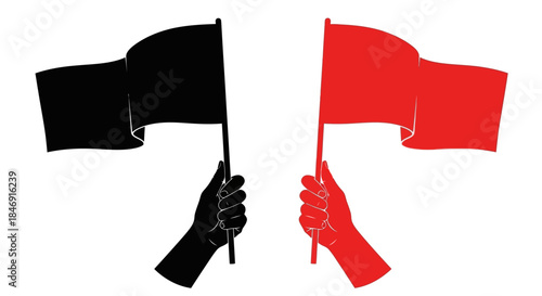 Two hands holding waving flags, one black and one red, symbolizing protest, anarchy, socialism, or revolution, isolated on