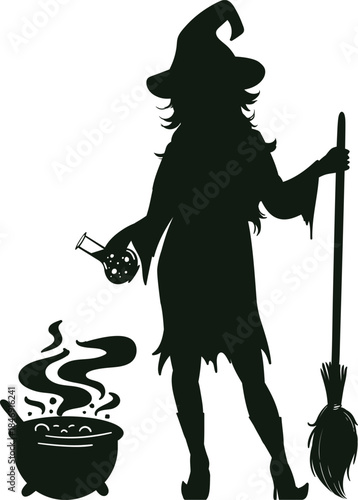 Witch holding potion next to bubbling cauldron and broom