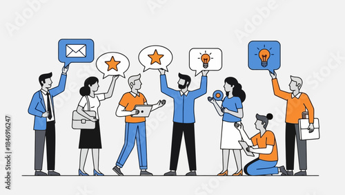 Group of diverse people holding up speech bubbles with various icons representing ideas and communication.