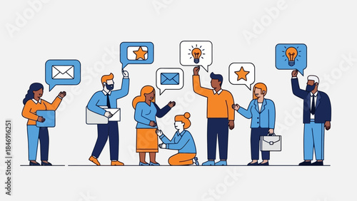 Diverse group of people sharing ideas and communicating with speech bubbles.