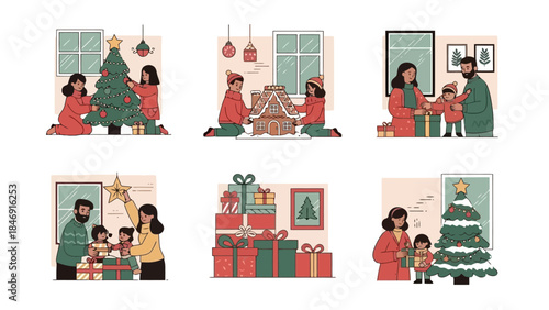 Illustrations depicting a family celebrating Christmas with a tree, gifts, and gingerbread house.