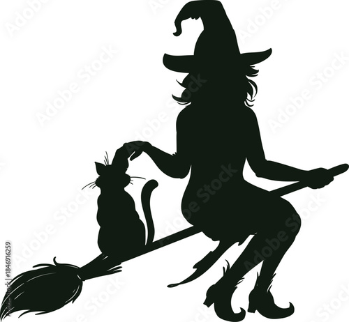 Halloween witch flying on broom with black cat