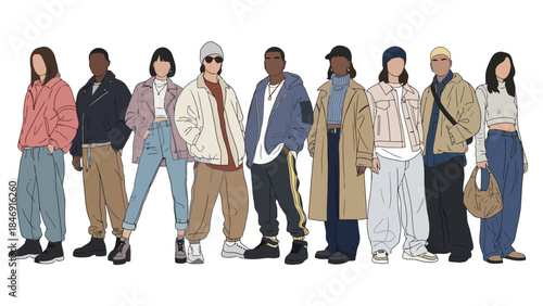 Diverse group of people in fashionable streetwear, standing in a row.