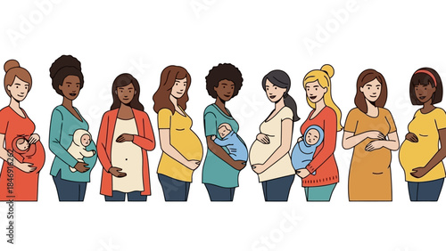 Diverse group of pregnant women and mothers holding their babies, celebrating motherhood and diversity.