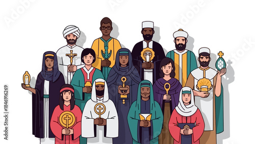 A diverse group of people in traditional religious attire holding symbolic objects, representing various faiths and cultures.