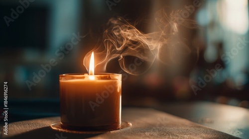 Warm and Relaxing Candle Flame with Soft Smoke Rising in a Cozy Indoor Setting Capturing the Comfort of Peaceful Moments and Tranquility in Life