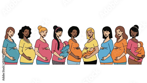 Illustration depicting a diverse group of pregnant women, showcasing various ethnicities and stages of pregnancy.