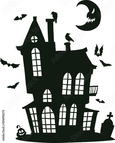Haunted house silhouette with bats, moon, ravents, and jack o' lantern