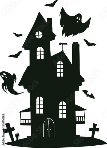 Haunted house silhouette with flying ghosts and bats
