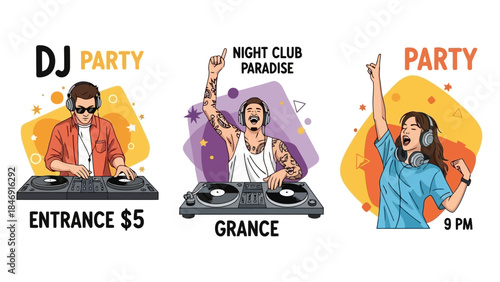 Three illustrations of DJ party events, each featuring a person with headphones and a DJ setup.