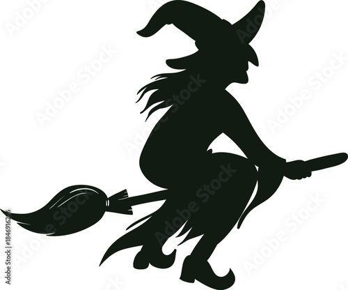 Witch flying broomstick Halloween concept white background