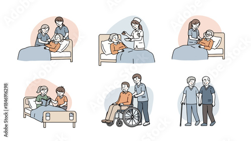Illustrations depicting various aspects of elderly care, including assistance with daily activities and companionship.