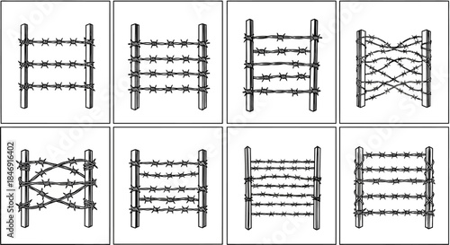 Set of eight different styles of barbed wire fences, black and white illustration, isolated on
