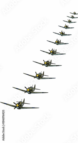 Formation of vintage military fighter airplanes flying in a diagonal line, world war ii aircraft, detailed model, isolated on