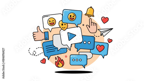 A vibrant illustration of social media icons and communication elements, including speech bubbles, likes, hearts, and a play button.