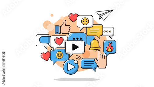 Illustration of social media icons, including likes, comments, notifications, and sharing symbols.
