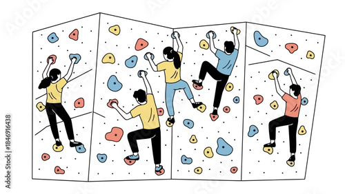 A group of diverse individuals enjoying a recreational activity on a colorful indoor climbing wall.