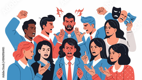 Illustration of a group of people arguing with angry expressions.