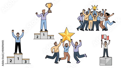 Various illustrations depicting people celebrating success, achievement, and victory in different ways.