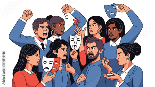 A group of diverse people are depicted with masks, symbolizing hidden emotions and conflict.