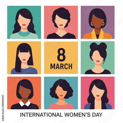 International womens day illustration with diverse women portraits and march 8th celebration theme