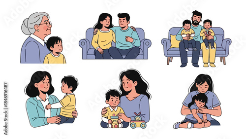 Illustrations of families and relationships, including grandparents, parents, and children in various scenes.