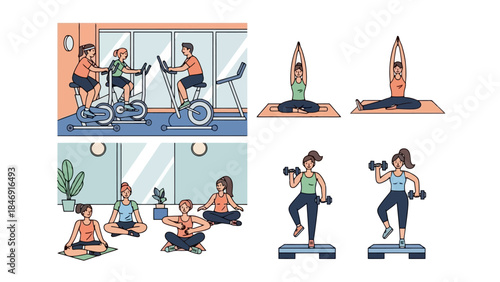 Diverse fitness activities showcased, including cycling, yoga, and weightlifting, promoting a healthy lifestyle.