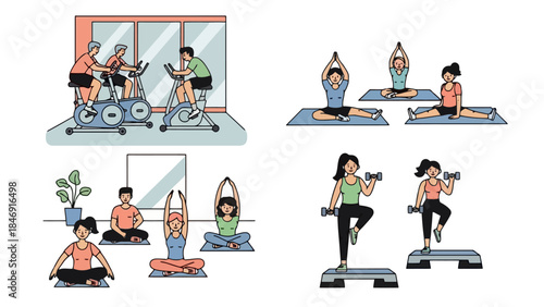 Diverse fitness activities: cycling, yoga, weightlifting, and step aerobics.