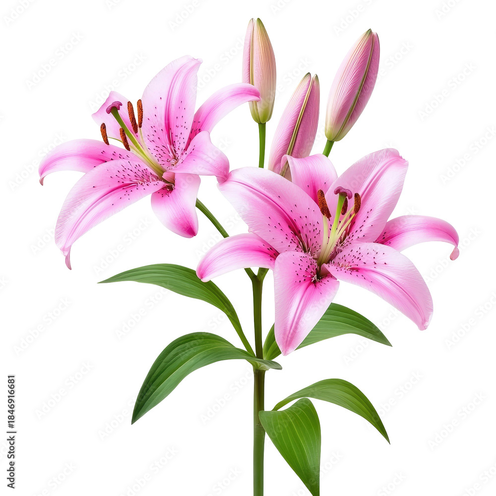 Fototapeta premium Pink Lily Blooms And Buds Isolated On Transparent Background Showing Detailed Floral Arrangement With Green Leaves