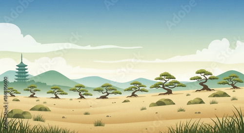Serene japanese landscape with bonsai trees, pagoda silhouette, and rolling hills under a blue sky