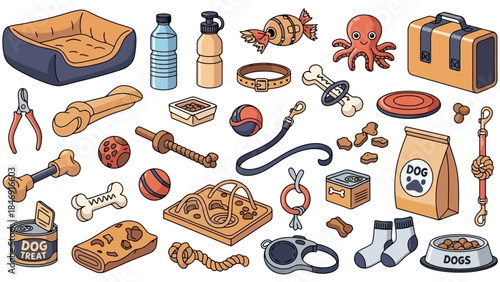 Collection of various dog-related items, including toys, food, accessories, and grooming tools.