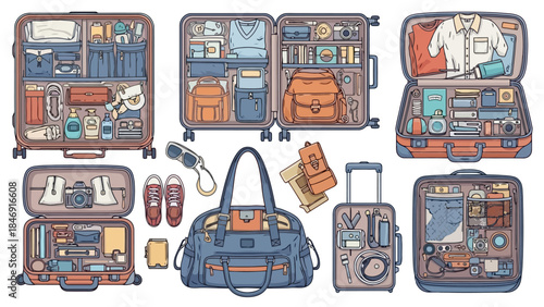 Illustration of various luggage and travel bags, packed with clothing and accessories for a trip.