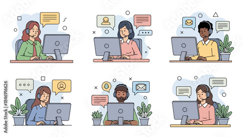 Illustration of customer service representatives wearing headsets, working on computers, and communicating with clients.