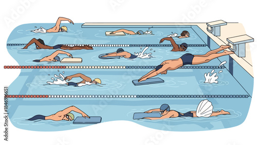 Swimming pool scene with multiple people practicing different strokes and diving.