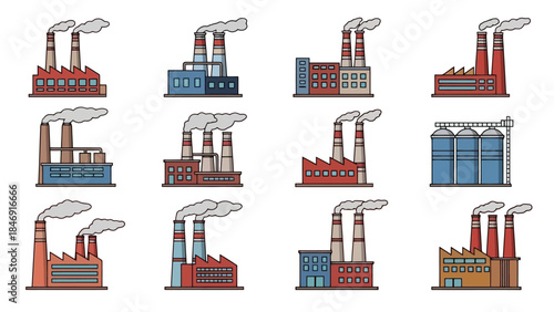 Collection of various factory illustrations, showcasing diverse industrial building designs with smokestacks.
