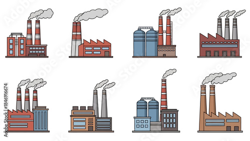Collection of various factory illustrations, showcasing different industrial building designs with smokestacks emitting fumes.