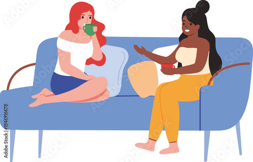 Diverse friends talking and relaxing on sofa enjoying conversation