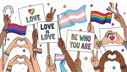 A diverse group of hands holding signs and flags promoting love, acceptance, and self-expression, with rainbow and transgender symbols.