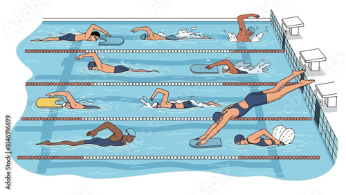 A diverse group of swimmers of various ages and ethnicities practicing different swimming strokes in a competition pool.