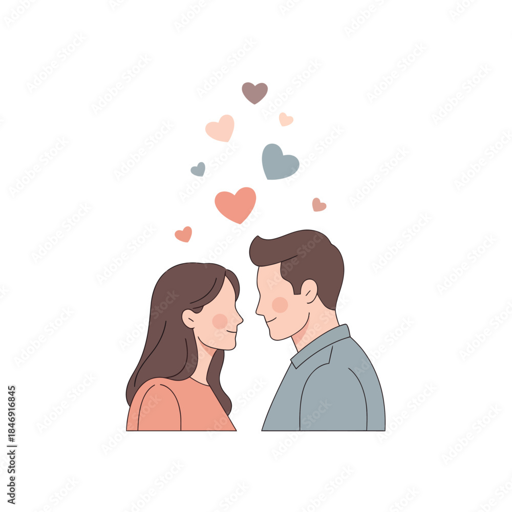 Fototapeta premium romantic couple with floating hearts symbolizing love and affection in a minimalistic illustration
