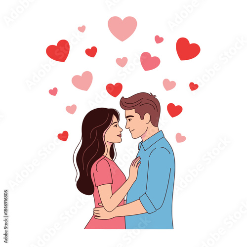 romantic couple embracing surrounded by floating hearts symbolizing love and affection in a