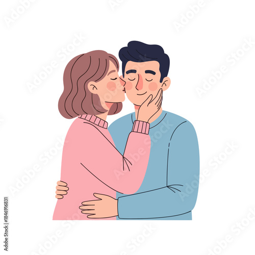 Cute cartoon couple sharing a tender moment with a gentle kiss on the cheek